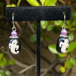 New Hand Painted Ghost Charm Black and Purple Dangle Halloween Earrings